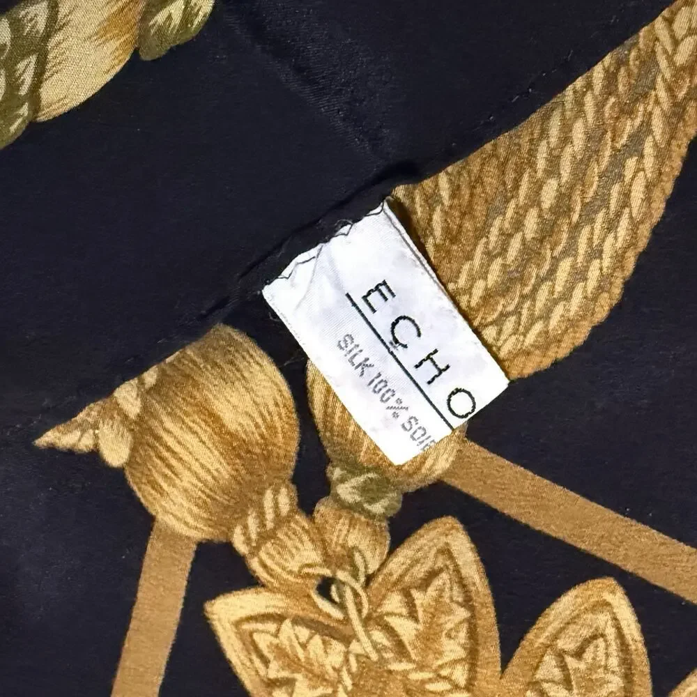 VTG Echo Luxury Black Gold Floral Scroll Tassel Motif Silk Scarf 29” X 30”